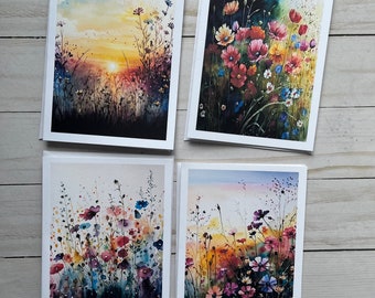 Watercolor Wildflower Field Blank Notecards with Envelopes, Greeting Cards, All Occasion Note Cards, Folded Stationery Set, Set of 4 Cards