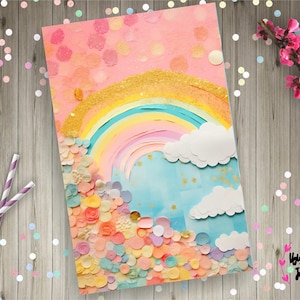 May include: A colorful handmade card featuring a rainbow design with a gold glitter accent. The card has a pink and blue background with paper flowers and white paper clouds. The card is decorated with confetti and a sprig of pink flowers.