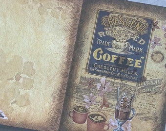 May include: Vintage style coffee packaging with a brown and blue label that reads "Crescent Roasted Coffee Trade Mark." The label is surrounded by flowers and a cityscape. The text "Importer Roasted Crescent Mills. The Smith Bros. Co. New Orleans" is printed below the label.  There are two cups of coffee with hearts in the foam and a glass of iced coffee with whipped cream.