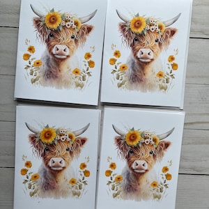 Aquarell Highland Kuh Blanko Grußkarten mit Umschlägen, Grußkarten, Grußkarten für alle Gelegenheiten, gefaltetes Briefpapier-Set, 4 Karten im Set