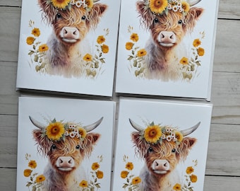 Watercolor Highland Cow Blank Notecards with Envelopes, Greeting Cards, All Occasion Note Cards, Folded Stationery Set, Set of 4 Cards