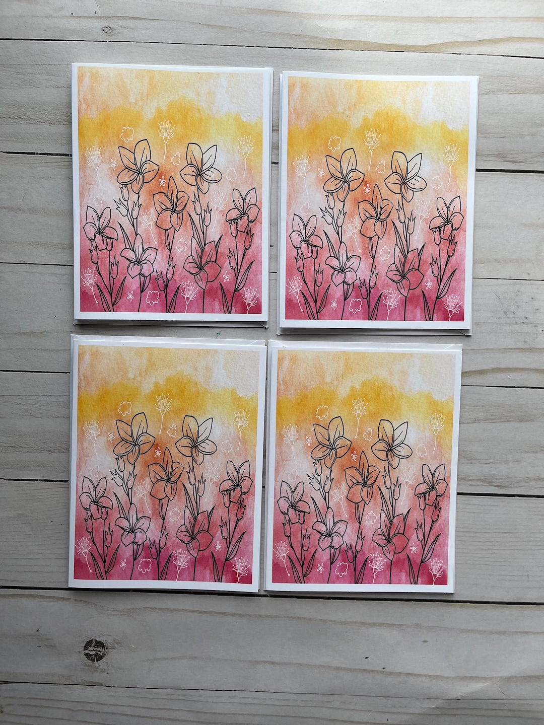 Watercolor Doodle Flowers Blank Notecards With Envelopes, Greeting ...