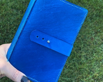 Diario recargable de cuero azul, cuaderno de viaje de cuero, funda de cuero para cuaderno, funda de cuero para agenda, diario personal, cierre de botón