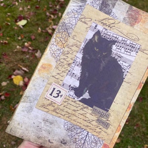 May include: A vintage-style journal with a black cat illustration, music notes, and the words "Night" and "magic spell". The journal has a distressed, aged look and features a price tag that reads "13 cents".