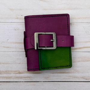 May include: A small, purple and green leather notebook with a silver buckle closure.