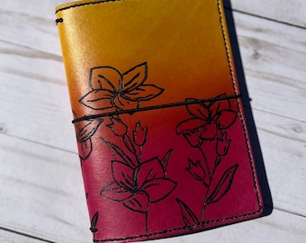 Pocket Hand Painted Floral Leather Journal with Gradient Coloring, Refillable Notebook, Leather Travelers Notebook, Planner Cover, Handmade