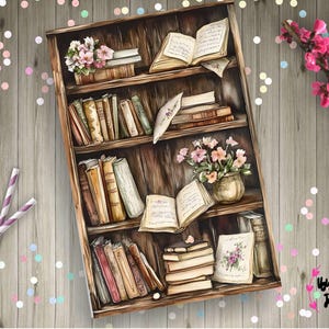 Puede incluir: Ilustración en acuarela de una estantería de madera llena de libros antiguos, algunos abiertos para mostrar texto manuscrito. Las estanterías también contienen jarrones con flores rosas. El fondo es una superficie de madera con confeti y detalles florales rosas.