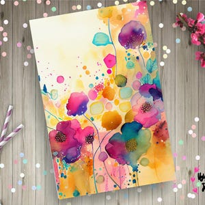 May include: Watercolor painting of colorful flowers with yellow, orange, pink, purple, and blue hues. The background is a light yellow with splatters of paint. The painting is on a white background.