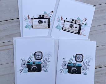 Watercolor Vintage Cameras Blank Notecards with Envelopes, Greeting Cards, All Occasion Note Cards, Folded Stationery Set, Set of 4 Cards