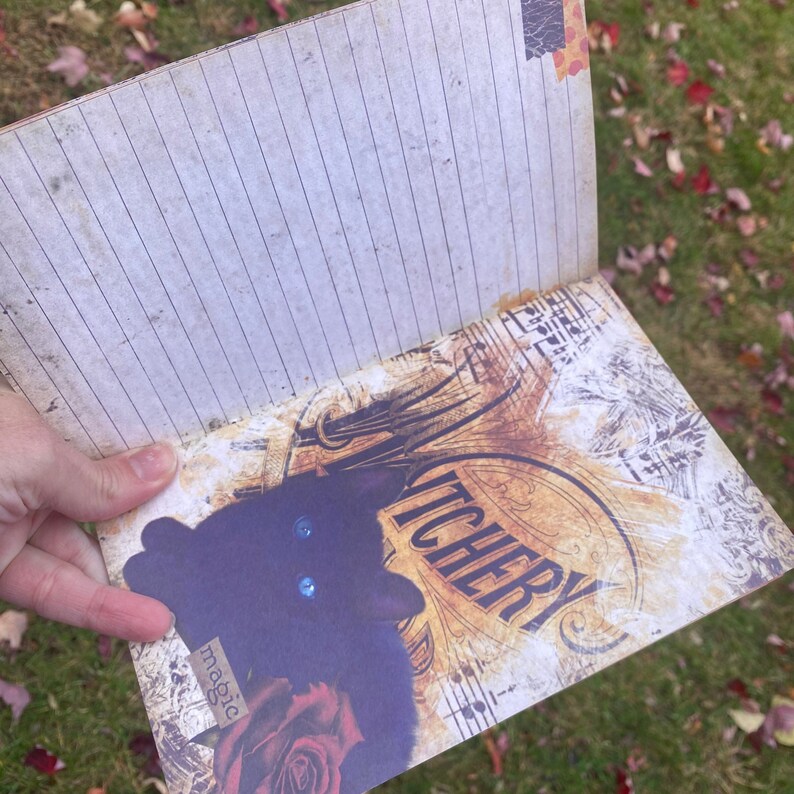 May include: A black cat with blue eyes is featured on the cover of a journal with a vintage design. The journal has a lined interior and the cover reads "Witchery" with the word "magic" written on a tag.
