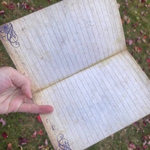 May include: An open lined journal with a vintage aesthetic. The cover features a decorative design with a spider web and swirls in black and purple.