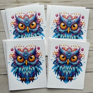 Cartões de notas em branco de coruja com envelopes, cartões de felicitações, cartões de notas para todas as ocasiões, papelaria dobrado, conjunto de 4 cartões, presente para a mãe, inauguração de casa