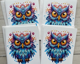 Owl Blank Notecards with Envelopes, Greeting Cards, All Occasion Note Cards, Folded Stationery, Set of 4 Cards, Gift for Mom, Housewarming