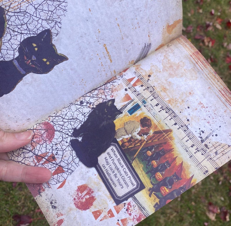 May include: An open book with a vintage illustration of black cats and pumpkins. The text on the page reads "When black cats prowl and pumpkins gleam, May luck be yours on Halloween."