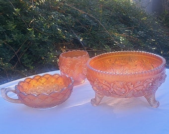VTG Imperial Marigold Carnival Glass Lustre Rose Footed Bowl, matelassé diamant pansy manipulé plat et carnaval verre rose couronne 3 » bol