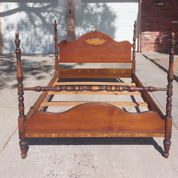 Vintage Four Poster Moulded Scroll Walnut Full Sized Bed Frame