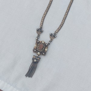 Vintage Goldstone & Pearl Halo Brass Renaissance Revival Pendant Tassel Necklace