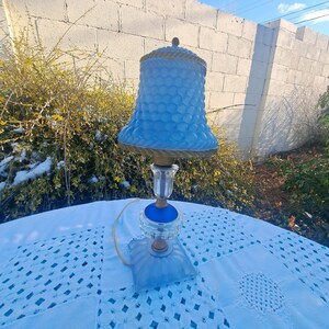 Vtg. Art Deco Boudoir Lamp Blue Pressed Glass & Cut Crystal Electric Table Light