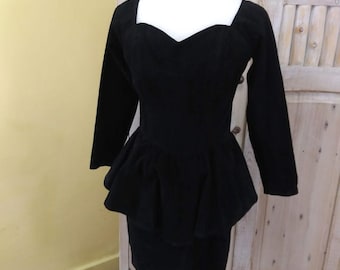 Vintage Contempo Casuals 1980's Black Suede Peplum Dress Women's Large