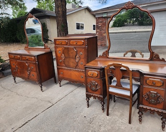 Antique Mirror Dresser and Vanity 1930's Jacobean-style 4 Piece bedroom Furniture Set