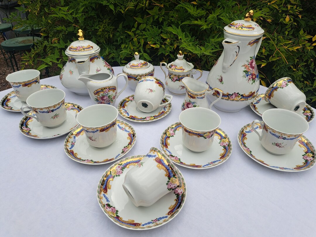 Vintage T. Limoges Tea Pot, Coffee Pot and Tea Cups by LG Porcelain