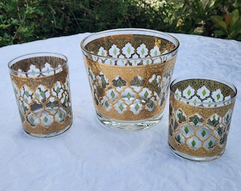 Juego de 3 piezas de cristal ornamentado Culver Mid Century Valencia Old Fashioned, vasos dobles para whisky y cubitera, color verde diamante y oro de 22 quilates.