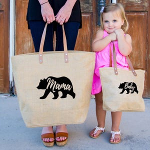 Mothers Day Gift Mommy and Me Gift for Mom Mama Bear Tote Bag Momma Bear Burlap Tote Baby Bear Tote bag Baby Bear Bag Diaper Bag image 1