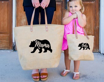 Regalo del Día de las Madres Mamá y yo Regalo para mamá Mamá Oso Tote Bolsa Mamá Oso Burlap Tote Bebé Oso Tote bolsa Bebé Oso Bolsa Pañal Bolsa