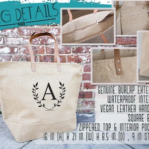 Personalized Tote, Large Monogrammed Purse, Burlap Initial Tote Bag, Burlap Bags, Burlap Tote Bag, Handbags, Weekender Bag Monogram Tote Bag image 7