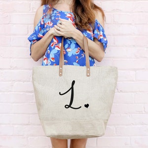 Monogrammed Tote Bag Beach Bag Mothers Day Gift For Her Totes Burlap Overnight Bag Weekenders Travel Bag Personalized Bag Tote for Women image 1