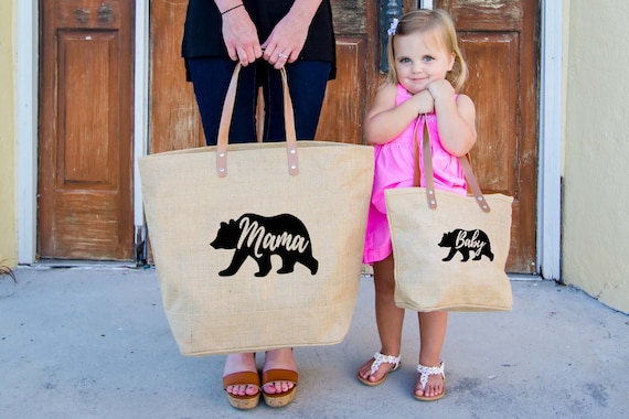 Mama Bear Burlap Tote Bag Mother Daughter Gift Personalized - Etsy