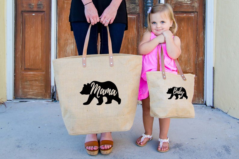 Mama Bear Burlap Tote Bag and Baby Bear Tote Bag | Mother Daughter Gift, Personalized Gift For Mom From Daughter