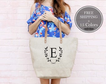 Monogrammed Tote Bag, Beach Bag, Beach Totes, Bridesmaid Gift, Burlap Overnight Bag, Weekenders Travel Bag, Personalized Bag, Tote for Women