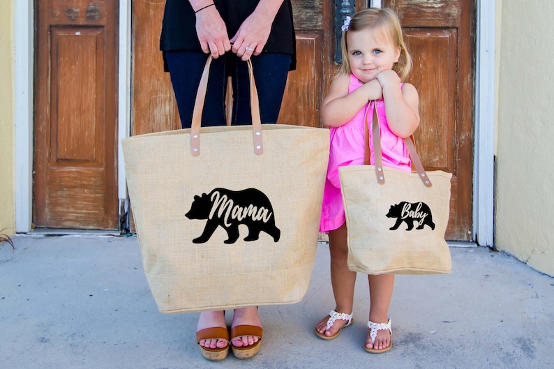 Mothers Day Gift Mommy and Me Gift for Mom Mama Bear Tote Bag Momma Bear Burlap Tote Baby Bear Tote bag Baby Bear Bag Diaper Bag image 1