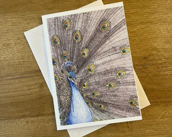 Peacock card, homemade- white card and envelope, personalisation available.