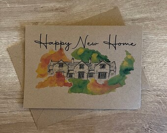 Happy New House ink and watercolour printed card, homemade and personalisation available.