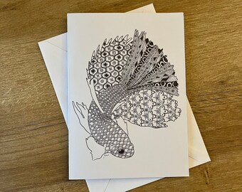 Porcelian Siamese fighting fish card, homemade- white card and envelope, personalisation available