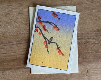 Bird and maple tree card, homemade- white card and envelope