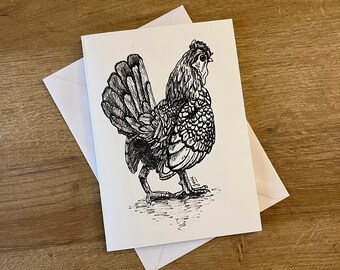 Chicken card, homemade- white card and envelope, personalisation available.