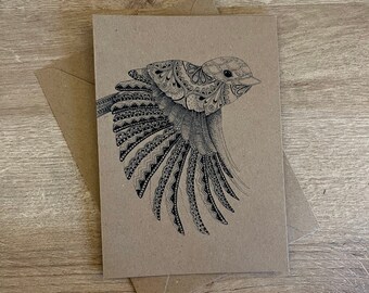 Porcelian bird card, homemade- brown card and envelope, personalisation available