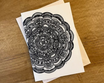 Detailed mandala card, homemade- white card and envelope, personalisation available