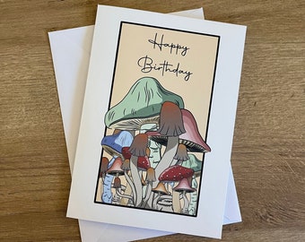 Woodland mushroom birthday card, homemade- white card with envelope