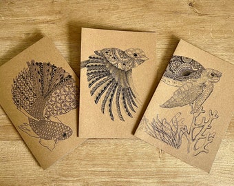 Animal bundle, 3 cards- Turtle, Bird and Siamese Fighting Fish, homemade and personalisation available.