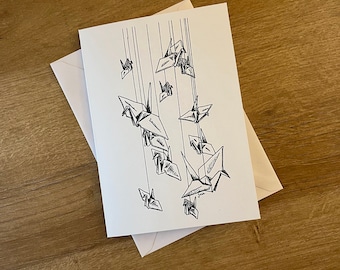 日本の折り鶴カード、手作りで手描きのデザイン