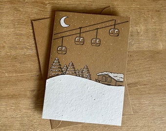 Winter Christmas Snowy Ski Scene Card, homemade, hand-finished and personalisation available. Made on recycled card.