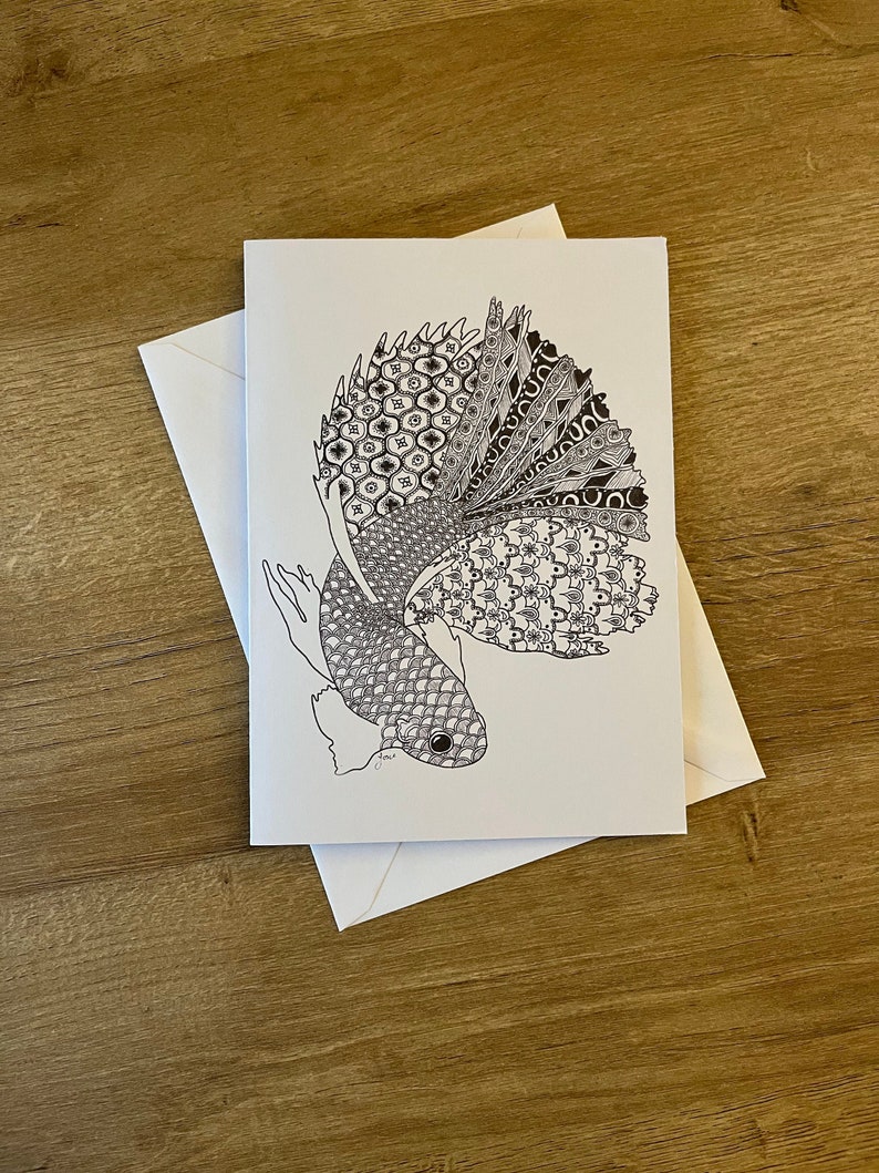 Porcelian Siamese fighting fish card, homemade white card and envelope, personalisation available image 1