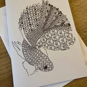 Porcelian Siamese fighting fish card, homemade white card and envelope, personalisation available image 2