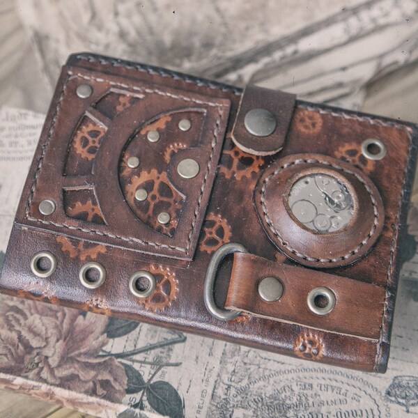 Steampunk leather wallet, Steam punk accessories