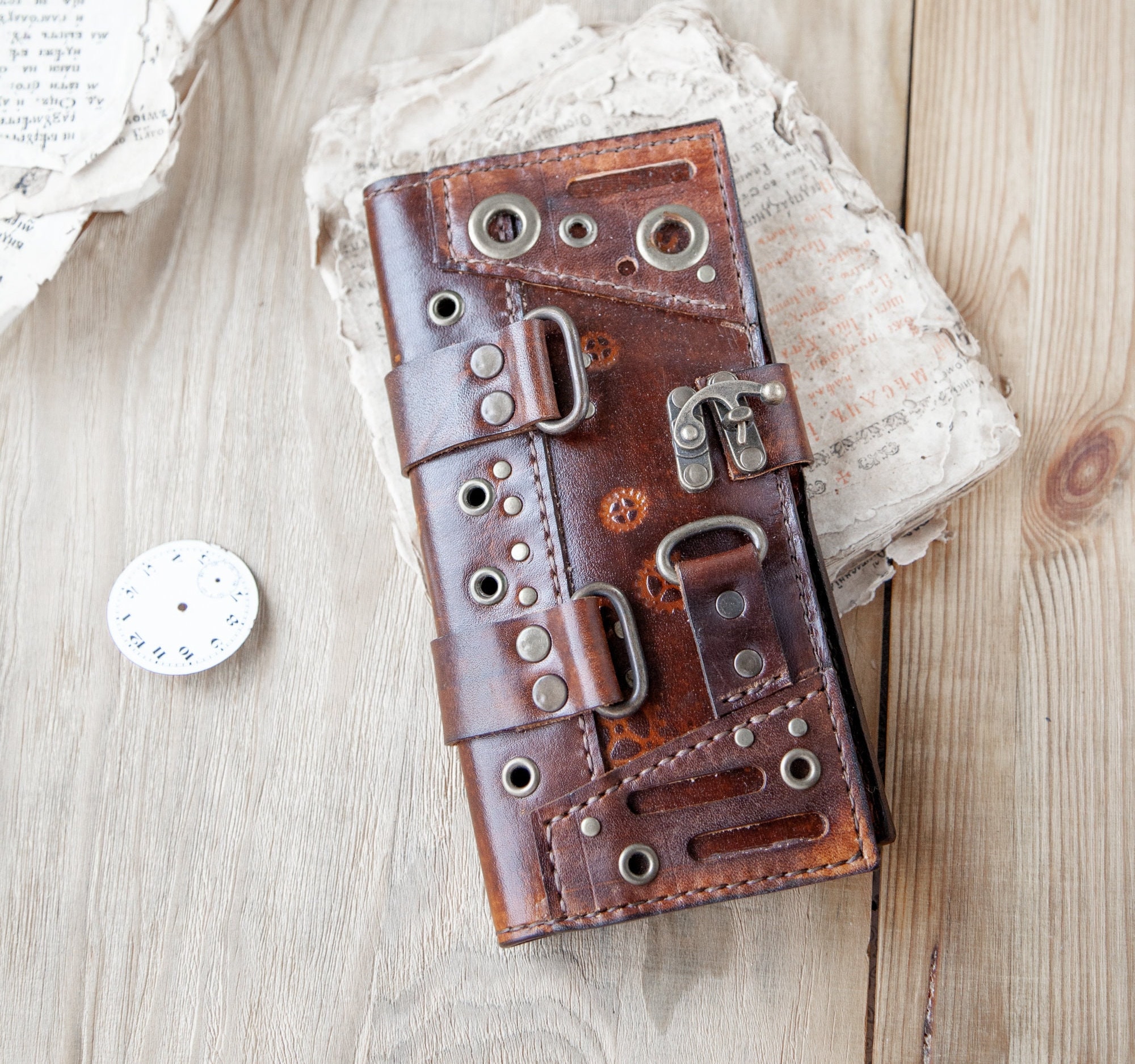 Steampunk Hand Bag Leather Wallet With Parts of a Mechanical Watch