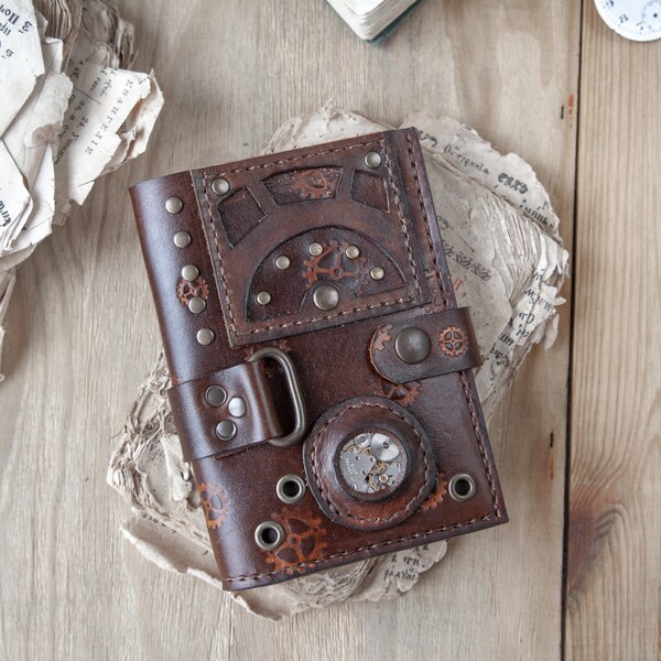 Steam punk wallet - Leather credit card holder - Card case with parts of watch - Steampunk purse Bifold Wallet